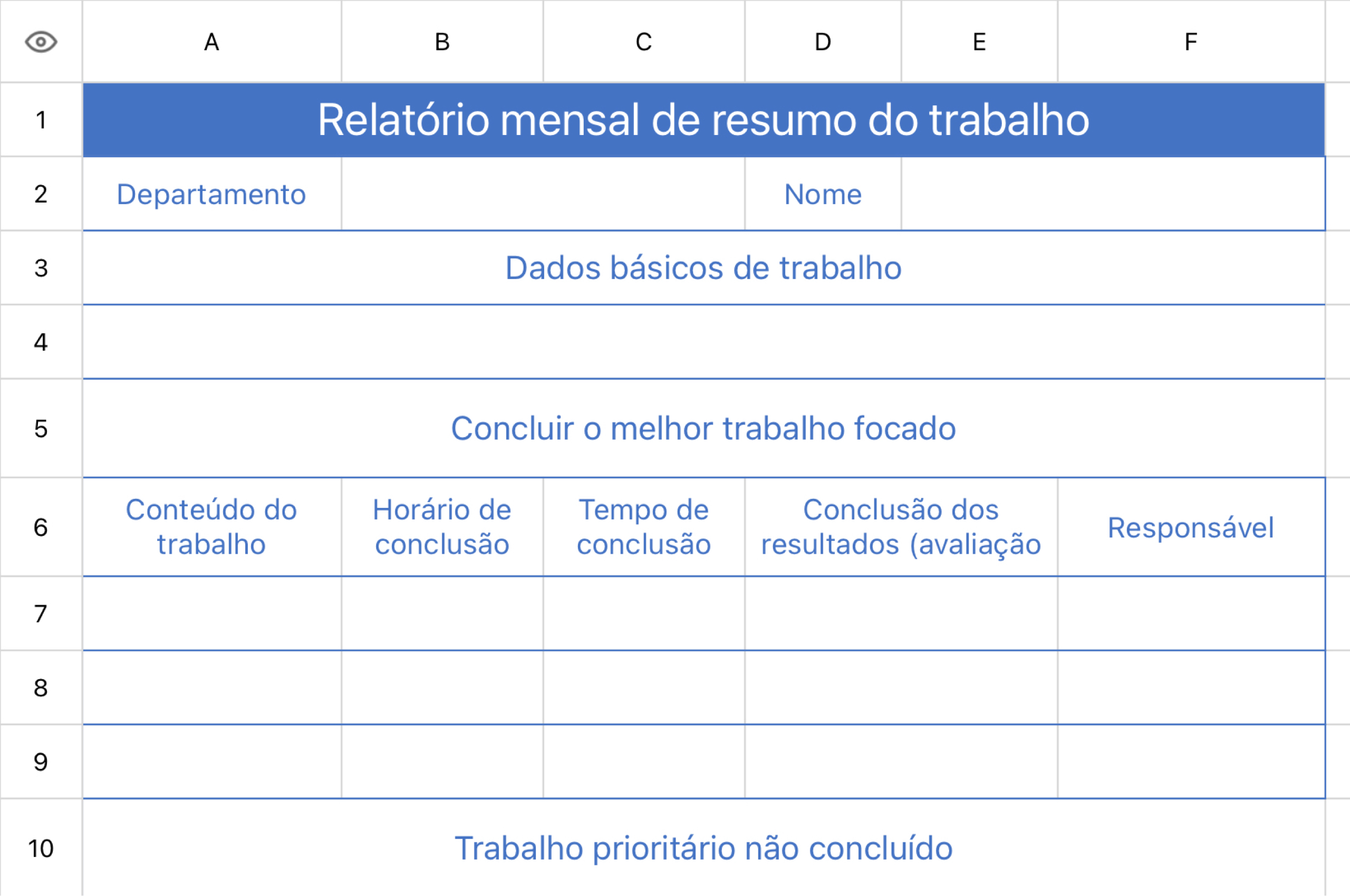 Relatório mensal de resumo do trabalho
